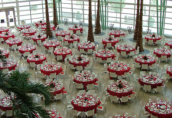 Overlooking the Schuster Center Wintergarden set up for a reception