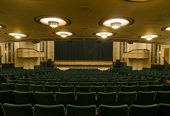 Victoria Theatre stage as seen from the center of seating area
